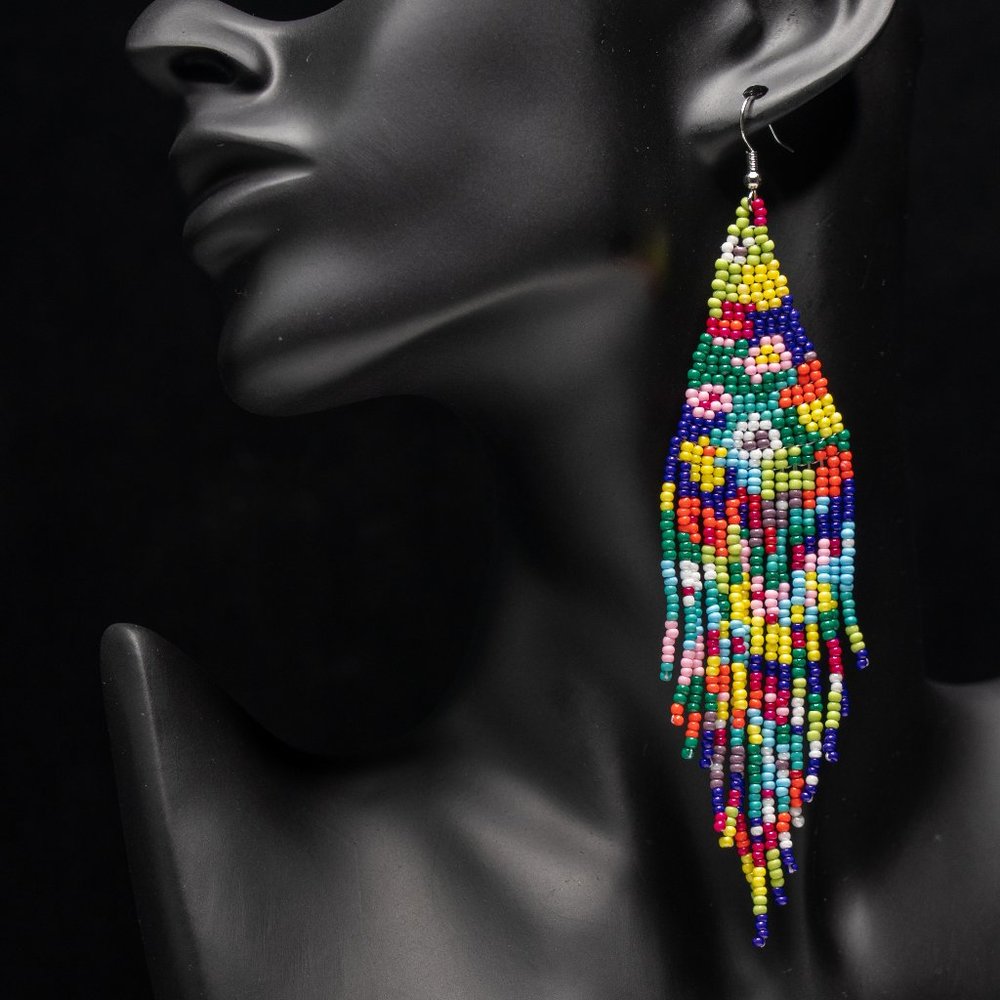 Lush Gardens Seed Bead Tassel Fringe Loom Woven Beaded Fringe Earrings